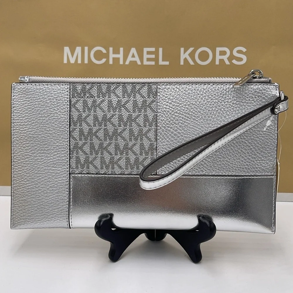 Michael Kors Jet ST Lg TZ Studded Metallic Patchwork and Signature Logo Wristlet
